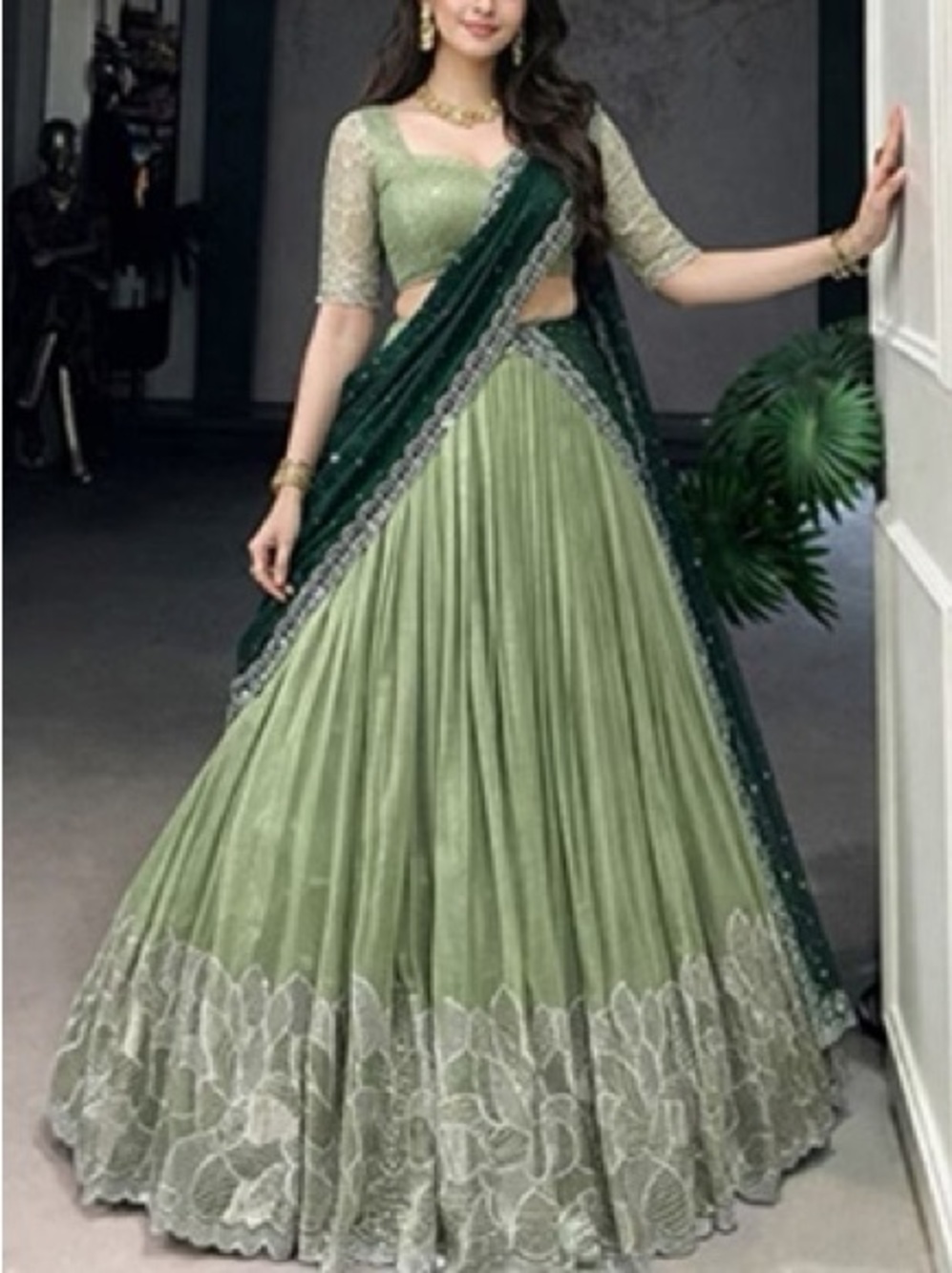 Pista Heavy Embroidered Work Chinnon Lehenga Set